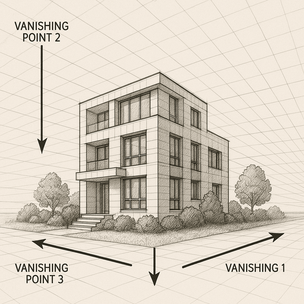 Three-Point Perspective Of An Office Building 