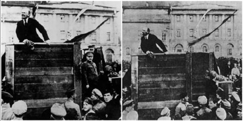 León Trotsky foi o homem eliminado nesta imagem de Lenine. A cisão entre ambos teve lugar em 1923. Trotsky foi retirado de várias outras fotografias.