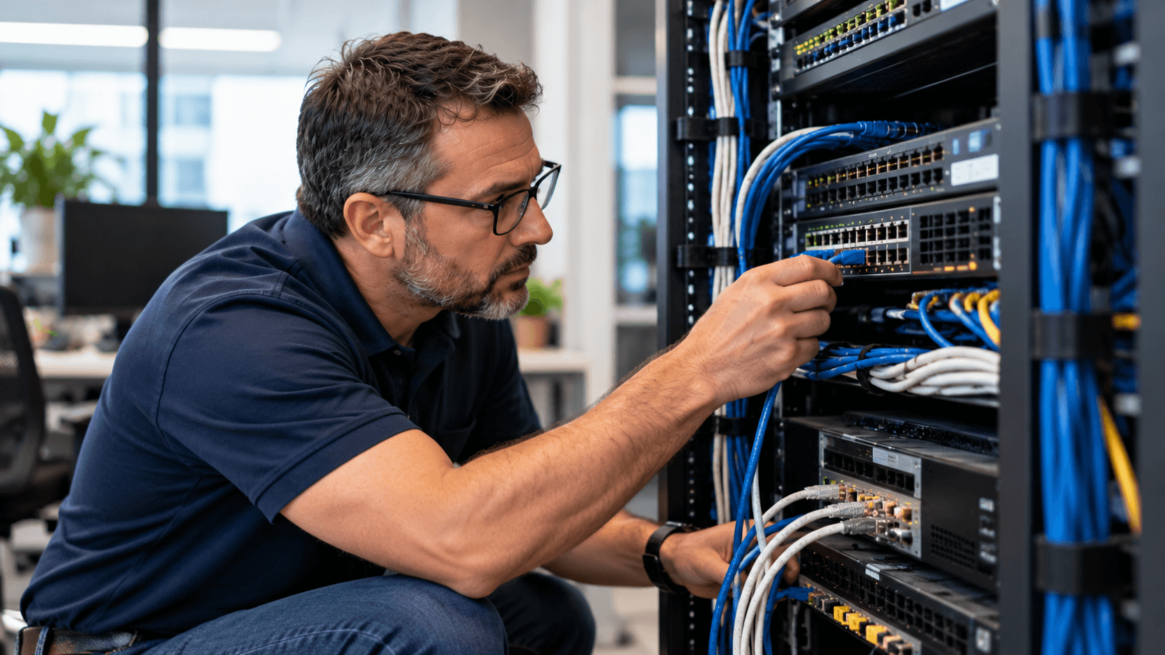 Person checking network equipment and cables while investigating a connectivity problem.