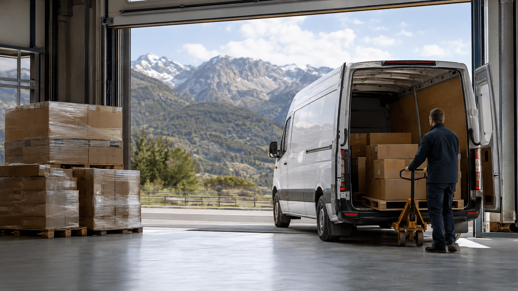 Furgoneta carregant palets per a transport urgent entre Toulouse i Andorra