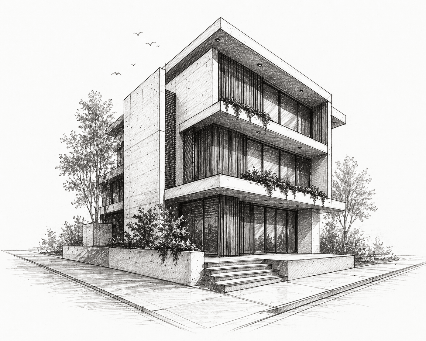 Perspective sketched view of a modern residence: darker tones in recessed areas and lighter tones on exposed surfaces illustrate how shading communicates light direction and spatial hierarchy, while building edges recede toward vanishing points to reinforce the logic of perspective representation.