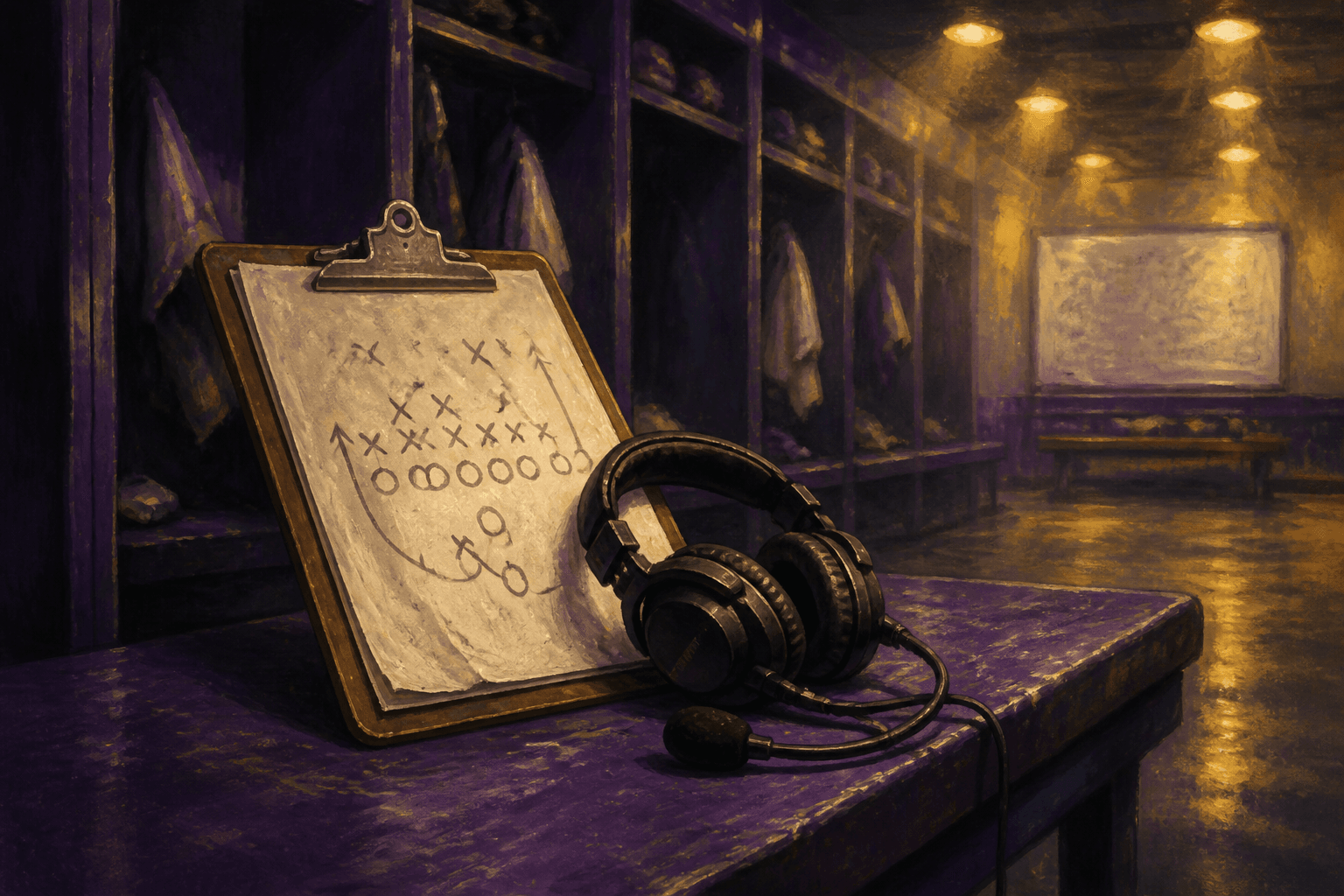 Illustrated clipboard with play diagram and headset in a locker room