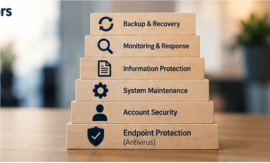 Stacked wooden blocks illustrating multiple layers of business cybersecurity protection. Stacked wooden blocks illustrating multiple layers of business cybersecurity protection.
