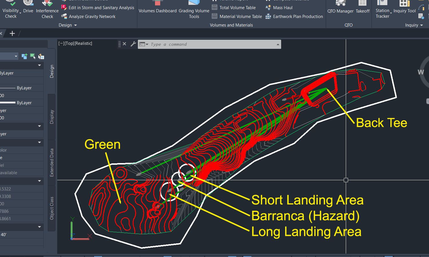 AutoCAD Civil 3D screenshot of Diagram showing key golf course features.