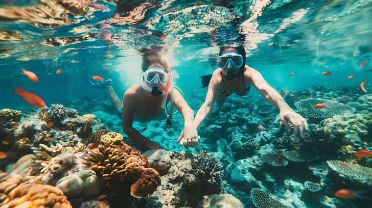 Two snorkelers explore a vibrant coral reef in the clear turquoise waters of Cancun, surrounded by colorful tropical fish and thriving marine life as they enjoy an unforgettable underwater adventure.
