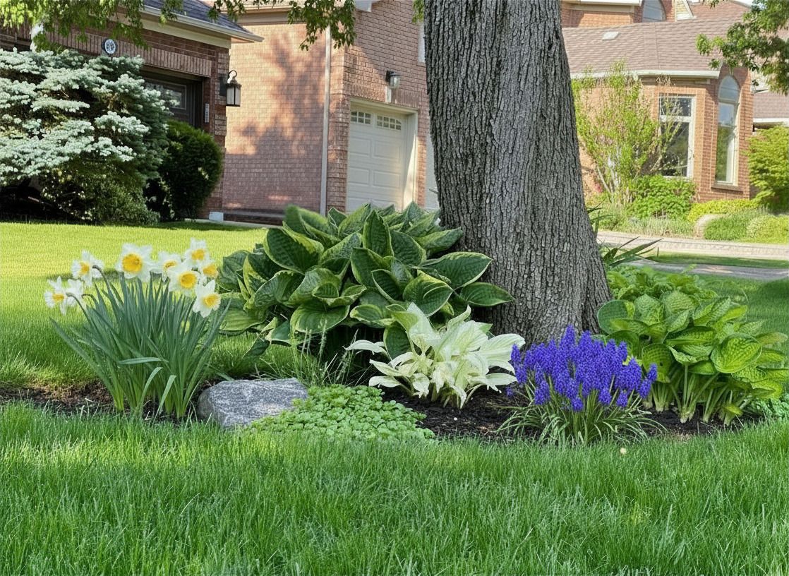 Spring bulbs and hostas in shady garden under large tree Spring bulbs and hostas in shady garden under large tree