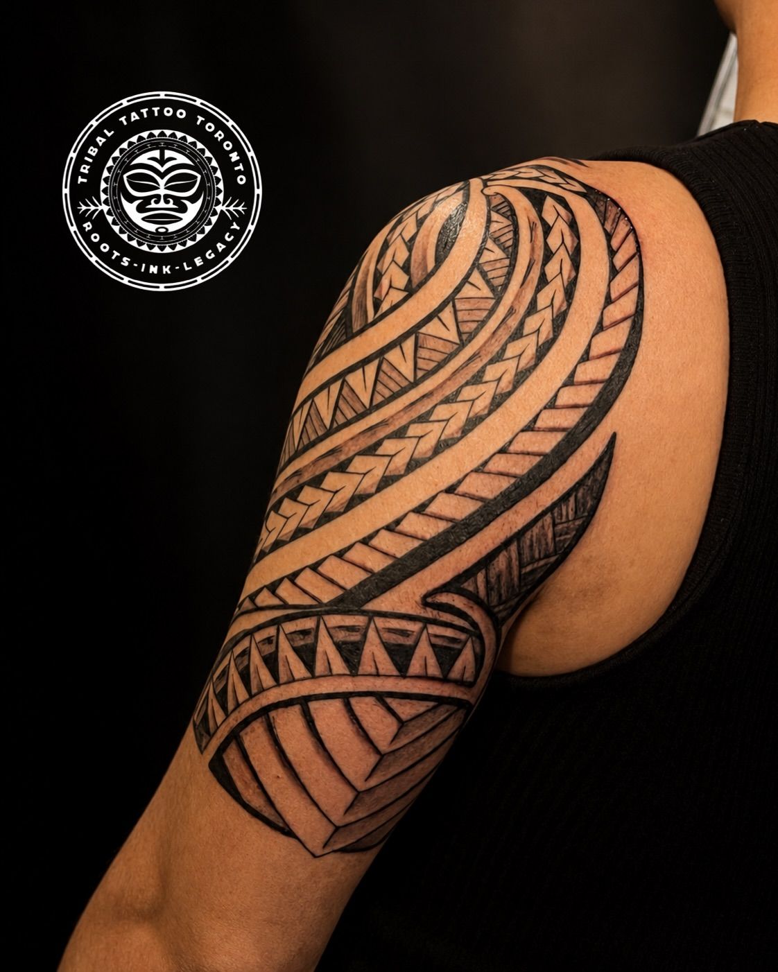 Freehand Maori tribal shoulder and chest tattoo by Tribal Tattoo Toronto in York, Toronto