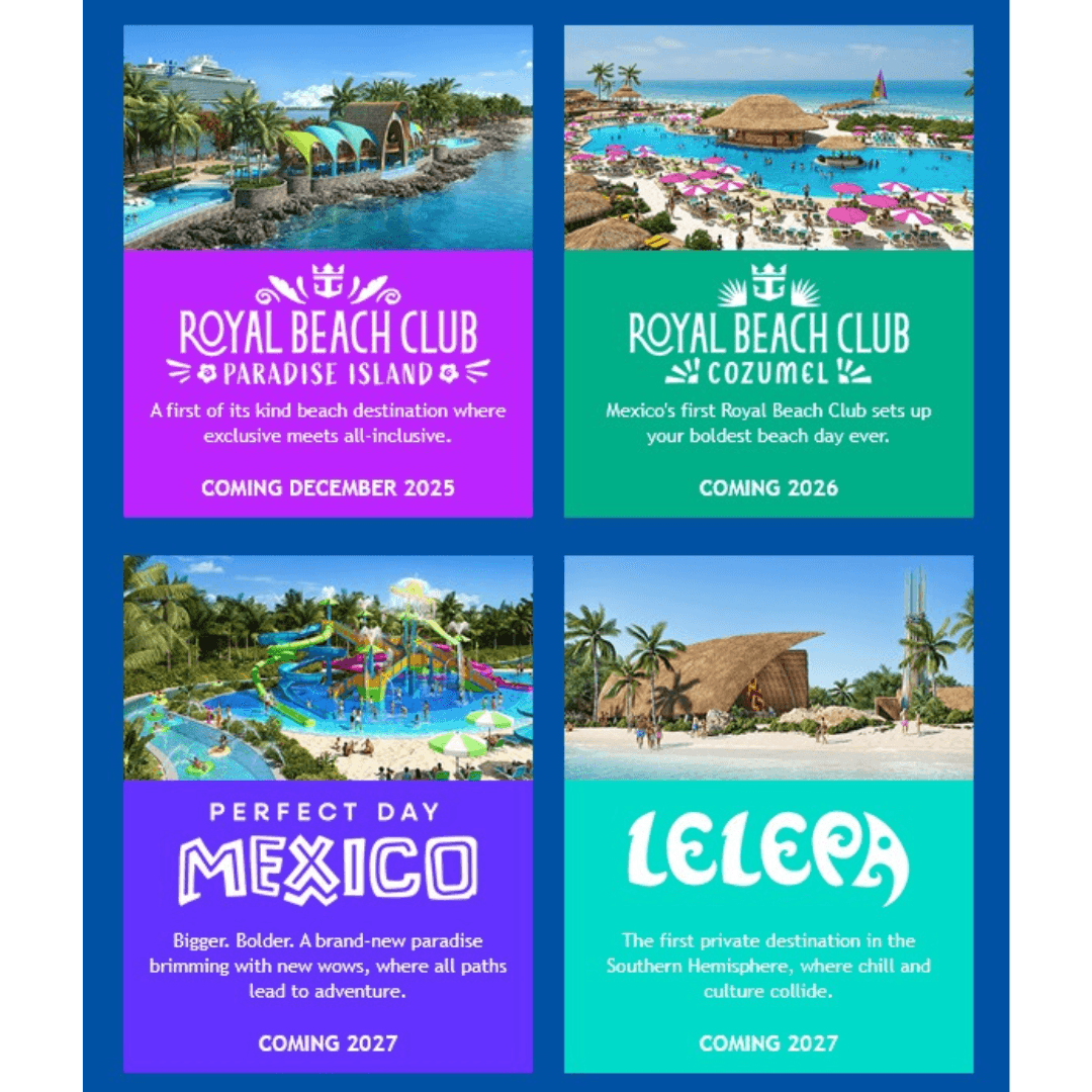 Royal Caribbean's four new destinations - Royal Beach Club - Paradise Island Bahamas, Royal Beach Club - Cozumel Mexico, Perfect Day Mexico (Costa Maya) & Lelepa - Vanuatu (South Pacific)