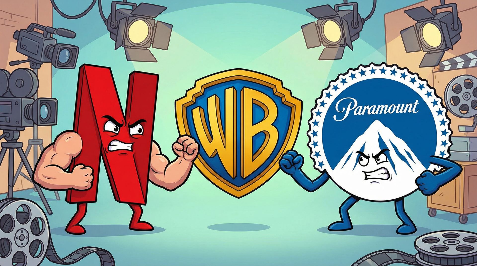 Le logo Netflix voulant ce battre avec le logo Paramount avec le logo Warner Bros au milieu Le logo Netflix voulant ce battre avec le logo Paramount avec le logo Warner Bros au milieu