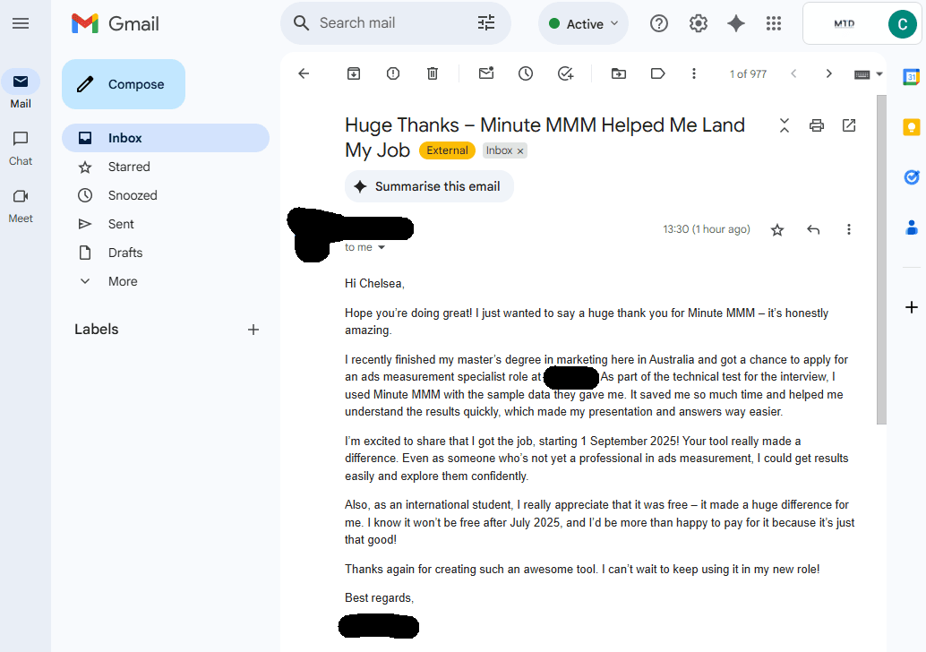 International student thanking Minute MMM for helping land first job in Sydney International student thanking Minute MMM for helping land first job in Sydney