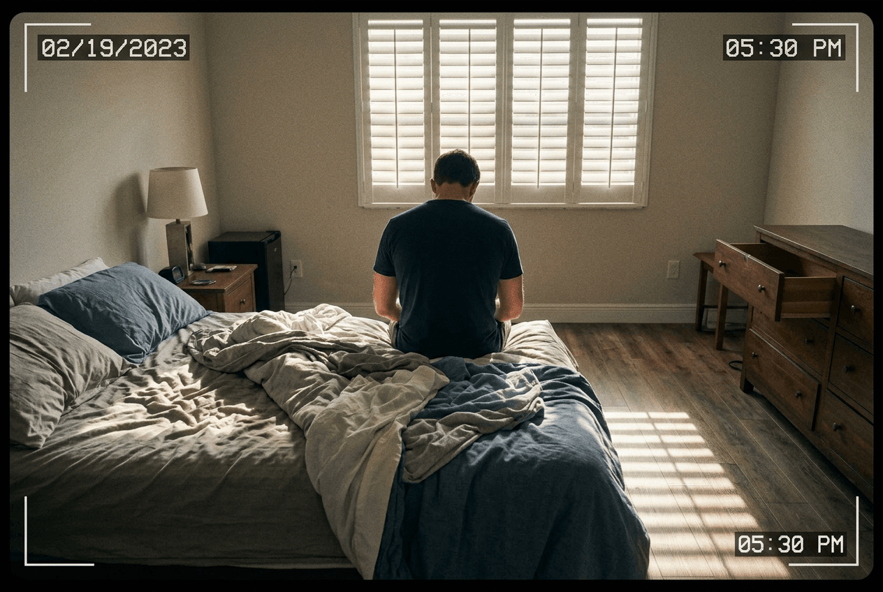 Man sitting alone on edge of bed facing window in warm late afternoon light, seen from behind
