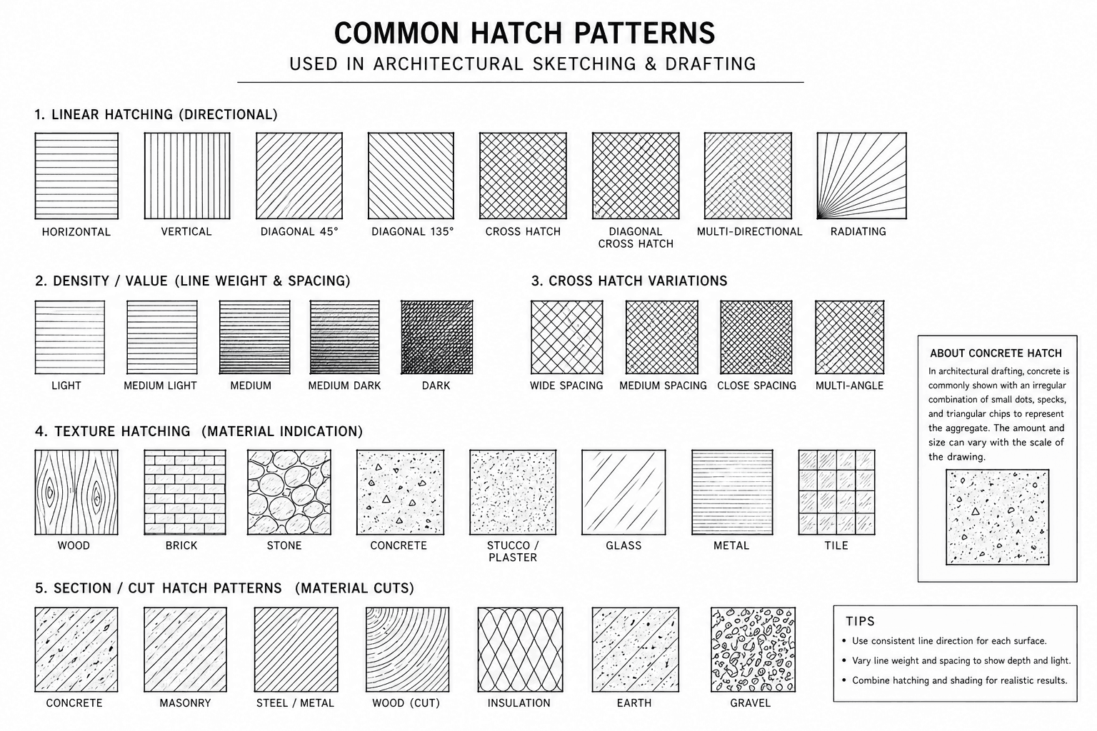Common Hatch Patterns Used In Architectural Sketching & Drafting
