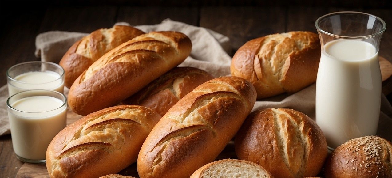 Golden loaves of bread laid out with glasses of milk