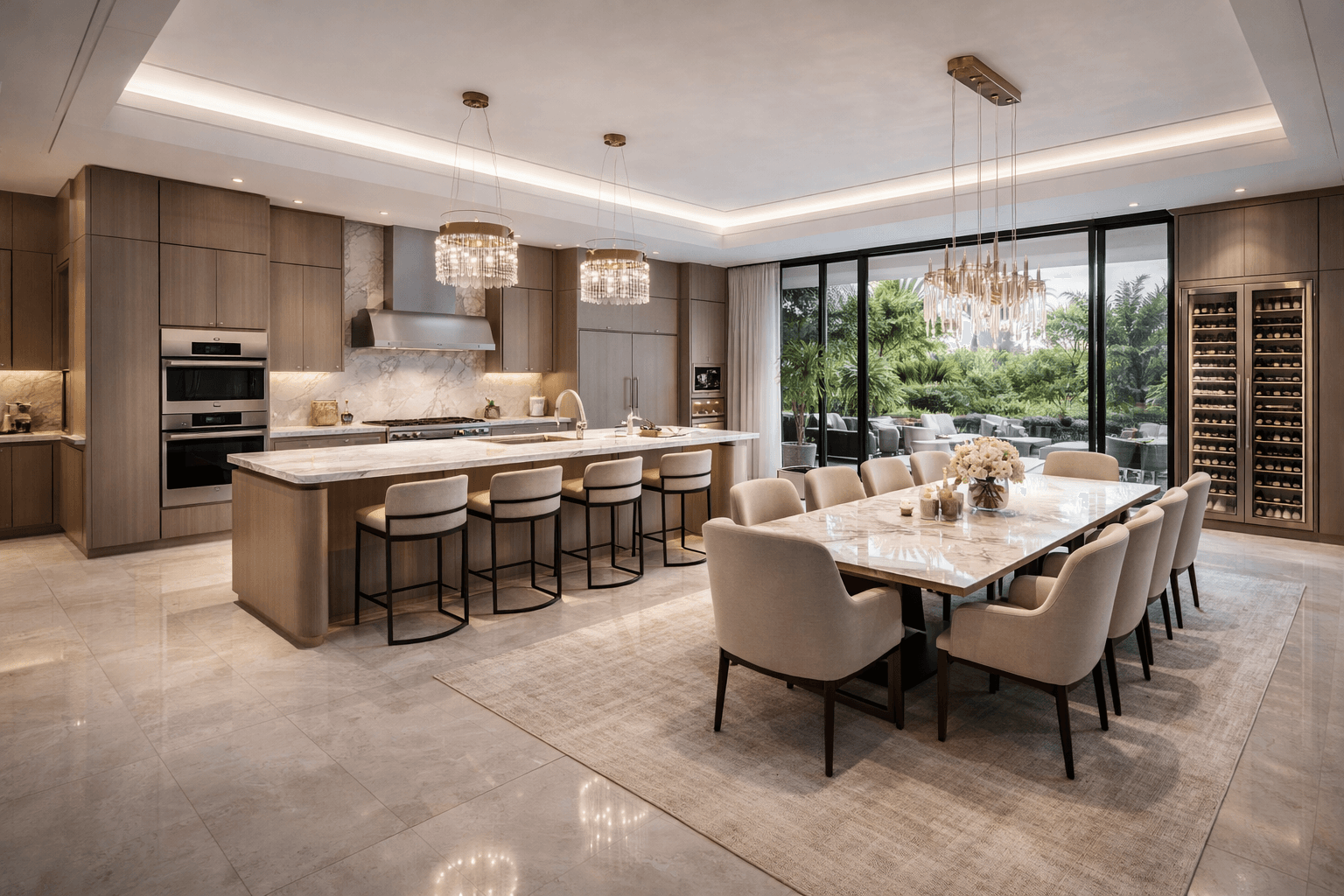 Contemporary classic beige interior with sofa, plants, moldings, floor lamp, wood wall panel and decor. 3d render illustration mockup. Contemporary classic beige interior with sofa, plants, moldings, floor lamp, wood wall panel and decor. 3d render illustration mockup.