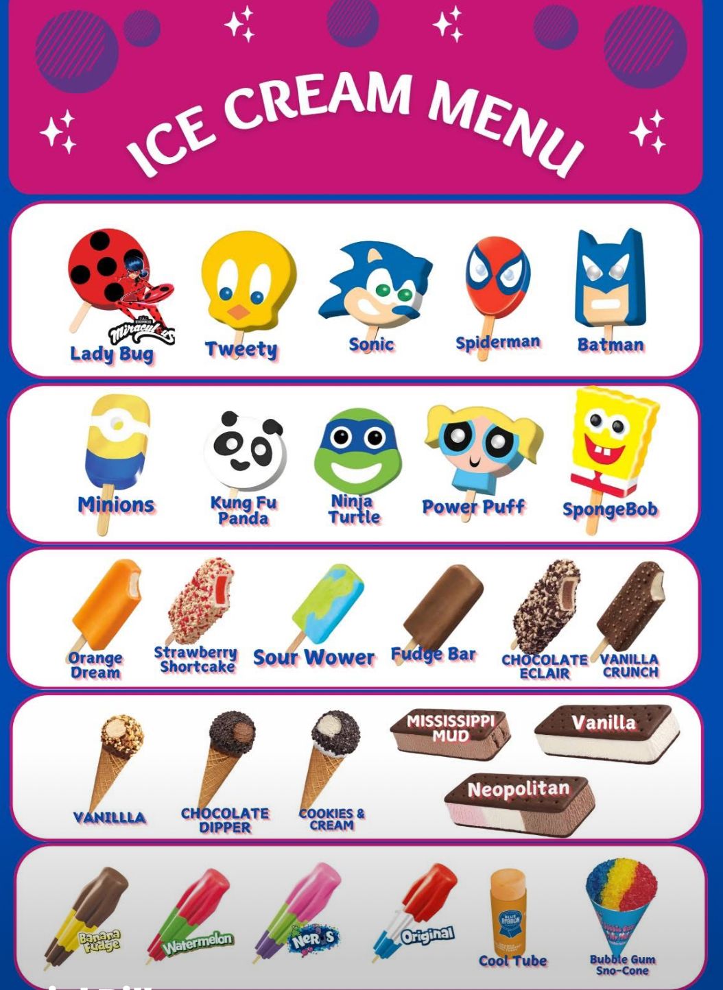 Classic character pops and frozen novelties from the Mobile Sugar Shack