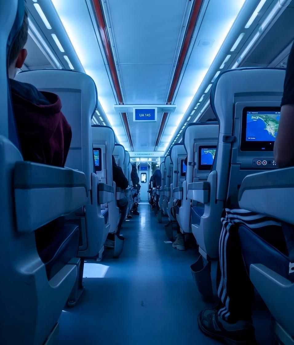 Empty airplane cabin interior passenger seats