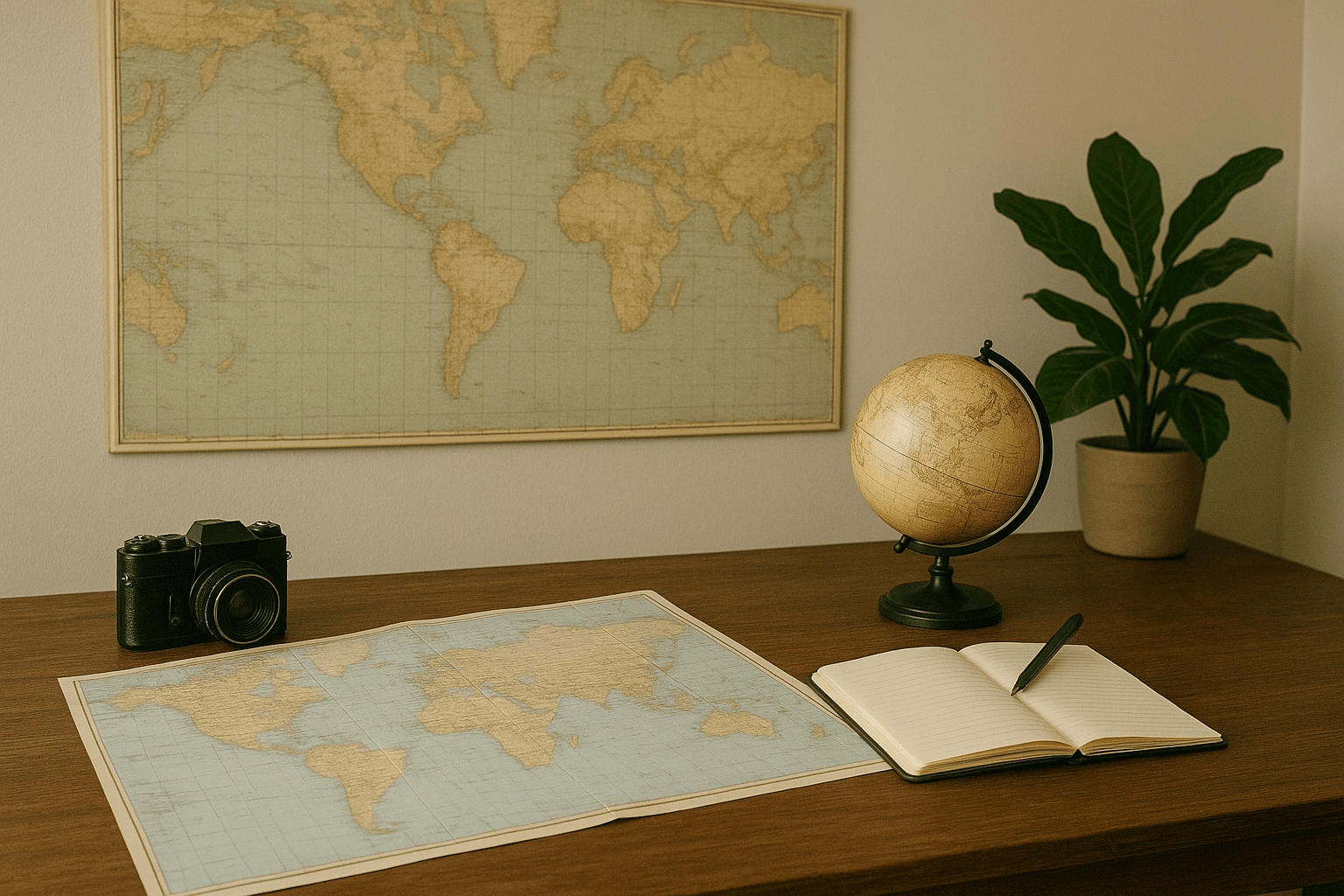 Vintage map, camera, globe, and notebook arranged on a wooden travel desk. Vintage map, camera, globe, and notebook arranged on a wooden travel desk.