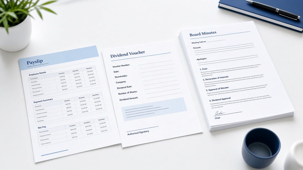 Company director payslip placed beside a dividend voucher and board minutes on a desk.