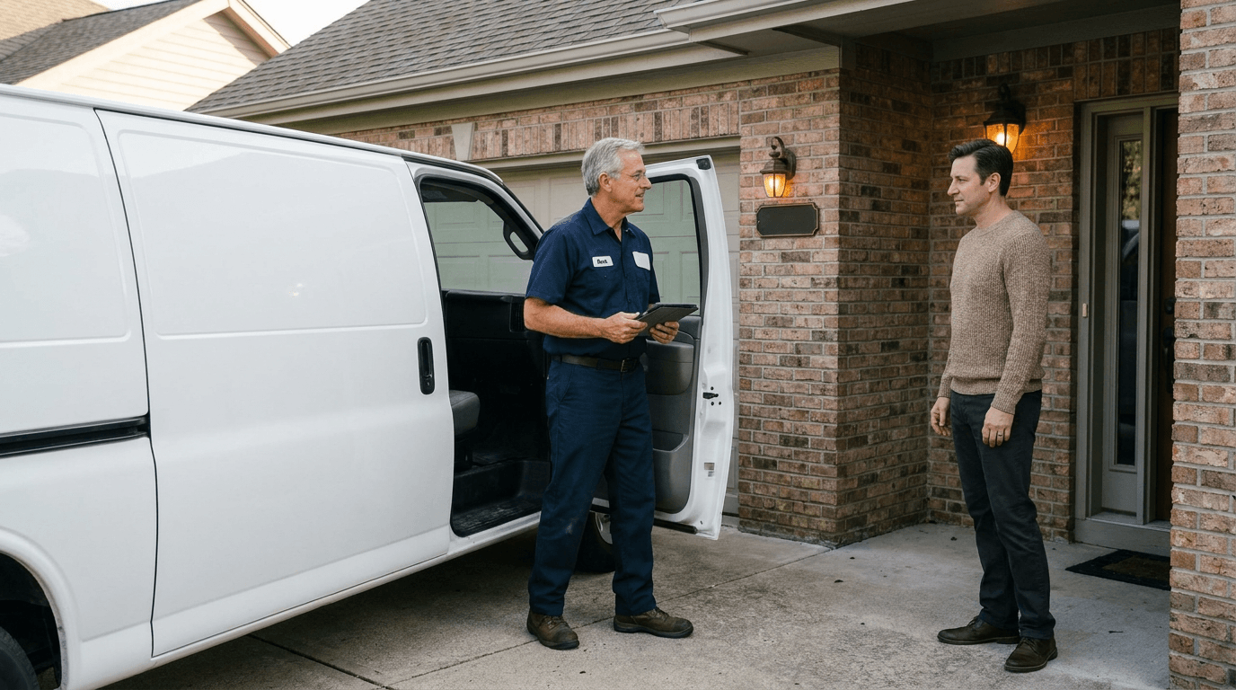 HVAC technician arriving at a customer’s home after the service request was successfully scheduled and routed. HVAC technician arriving at a customer’s home after the service request was successfully scheduled and routed.