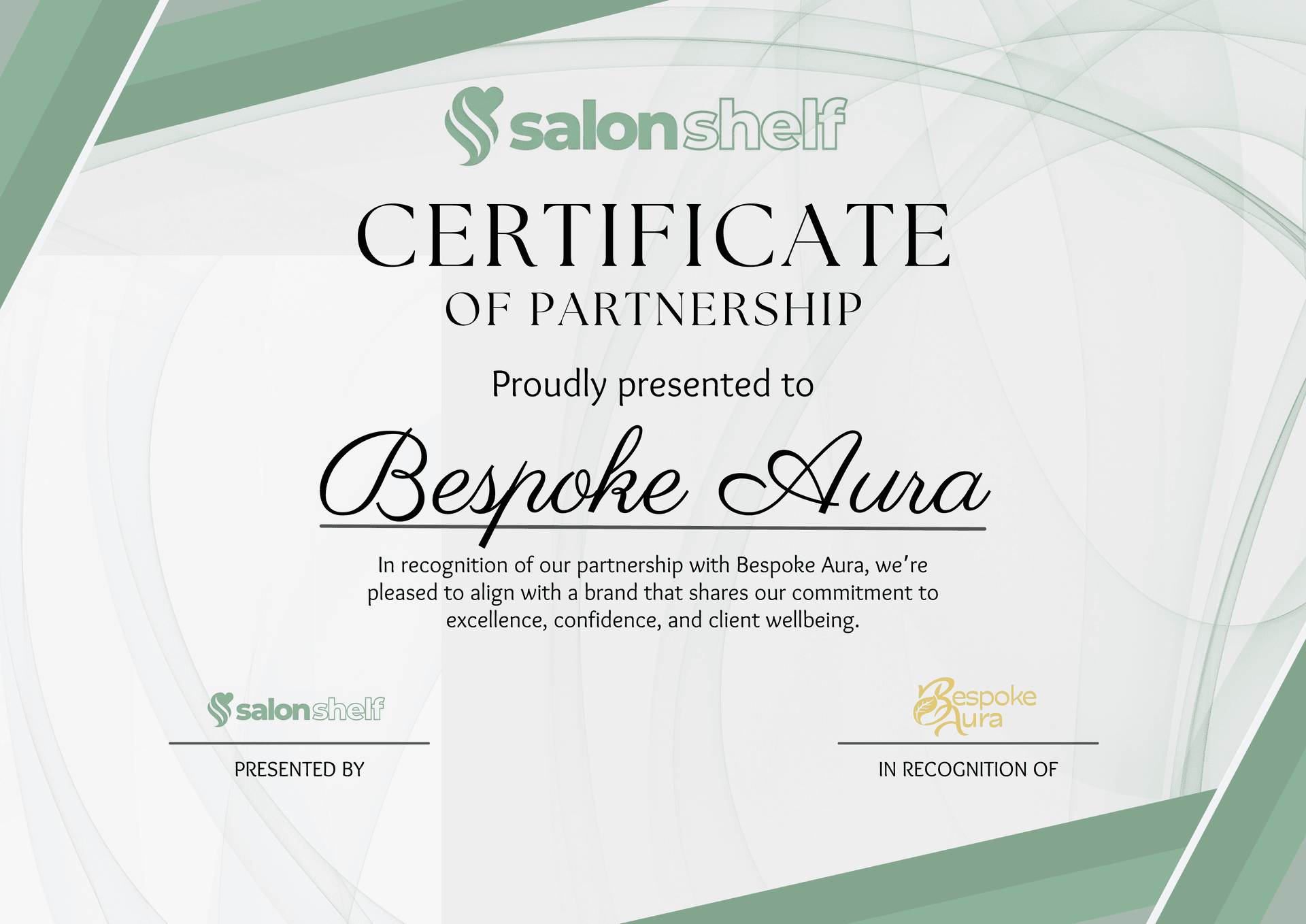 certificate of Bespoke Aura Hair Restoration Clinic partnering with Salon Shelf