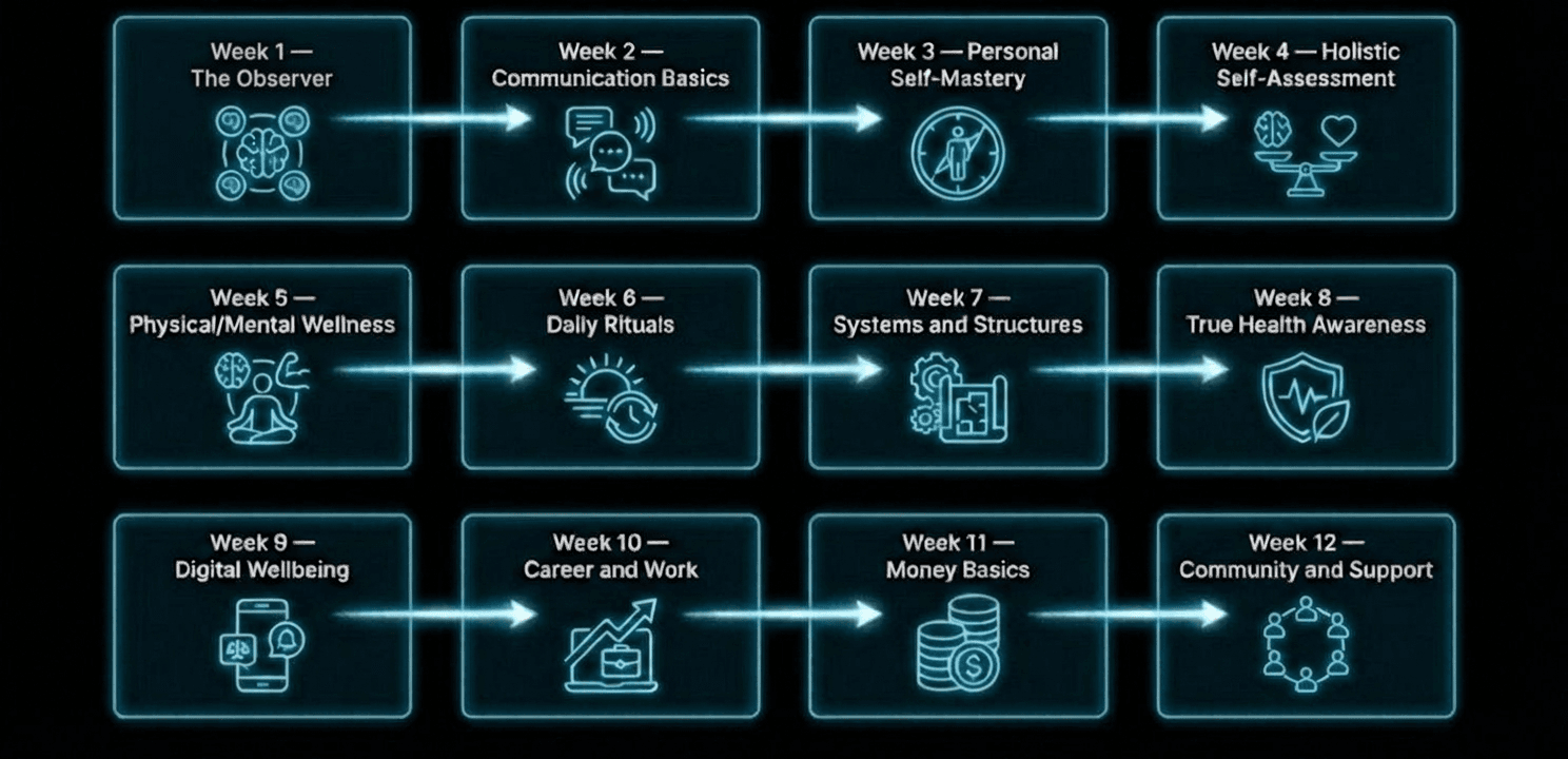 12 Week Program Overview showing weekly topics from Understanding Group Think to Community and Support