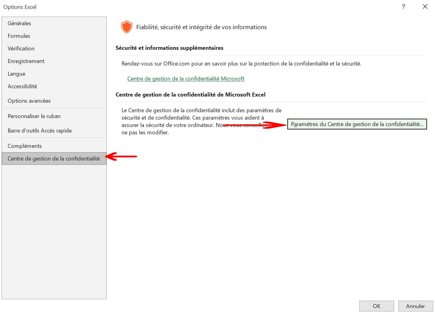 Centre de gestion de la confidentialité Excel