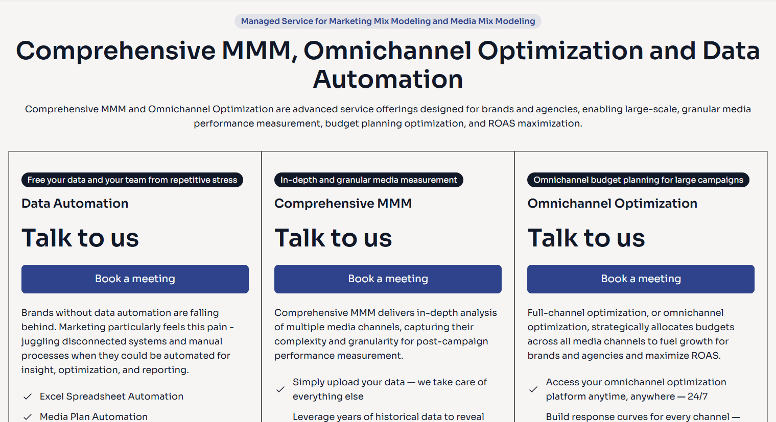 Running into trouble with data collection, ETL, or processing? You’re not alone—and that’s exactly where we step in. At More Than Data, our clients often tell us that preparing clean, structured data is the hardest part of the MMM journey. That’s why our data automation service has become one of the most popular solutions we offer. It takes the heavy lifting off your plate, ensures accuracy, and frees you up to focus on turning insights into growth