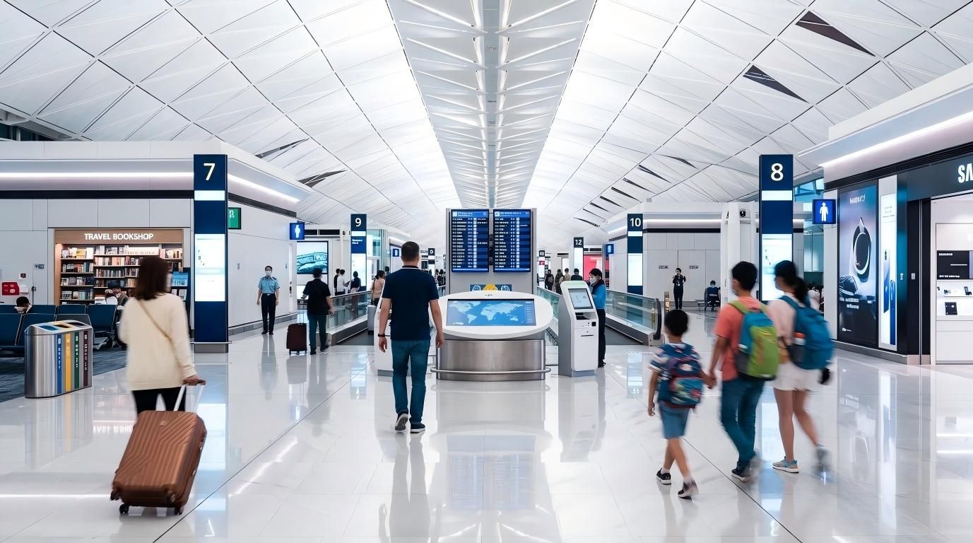 Motion blur of Asian tourist traveler people walk at Hong Kong airport terminal boarding gate, flight arrival departure information board. Air transportation, airline transport business, Asia travel