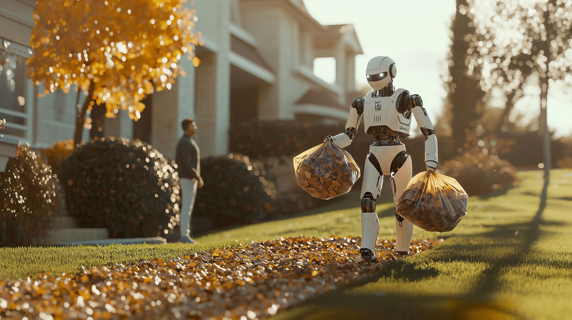 Robot portant des sacs de feuilles d'automne