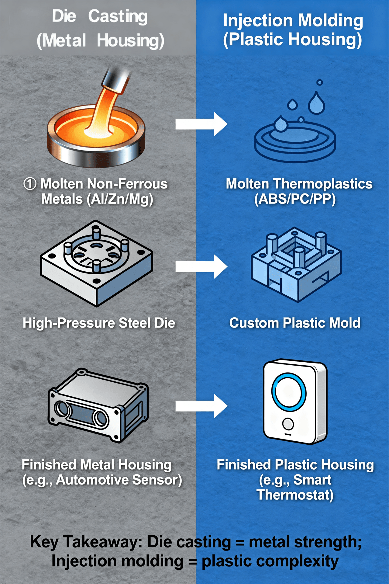 Key Takeaway: Die casting = metal strength; Injection molding = plastic complexity