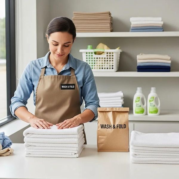 Staff member handling wash-and-fold service with neatly folded clothes in a laundromat