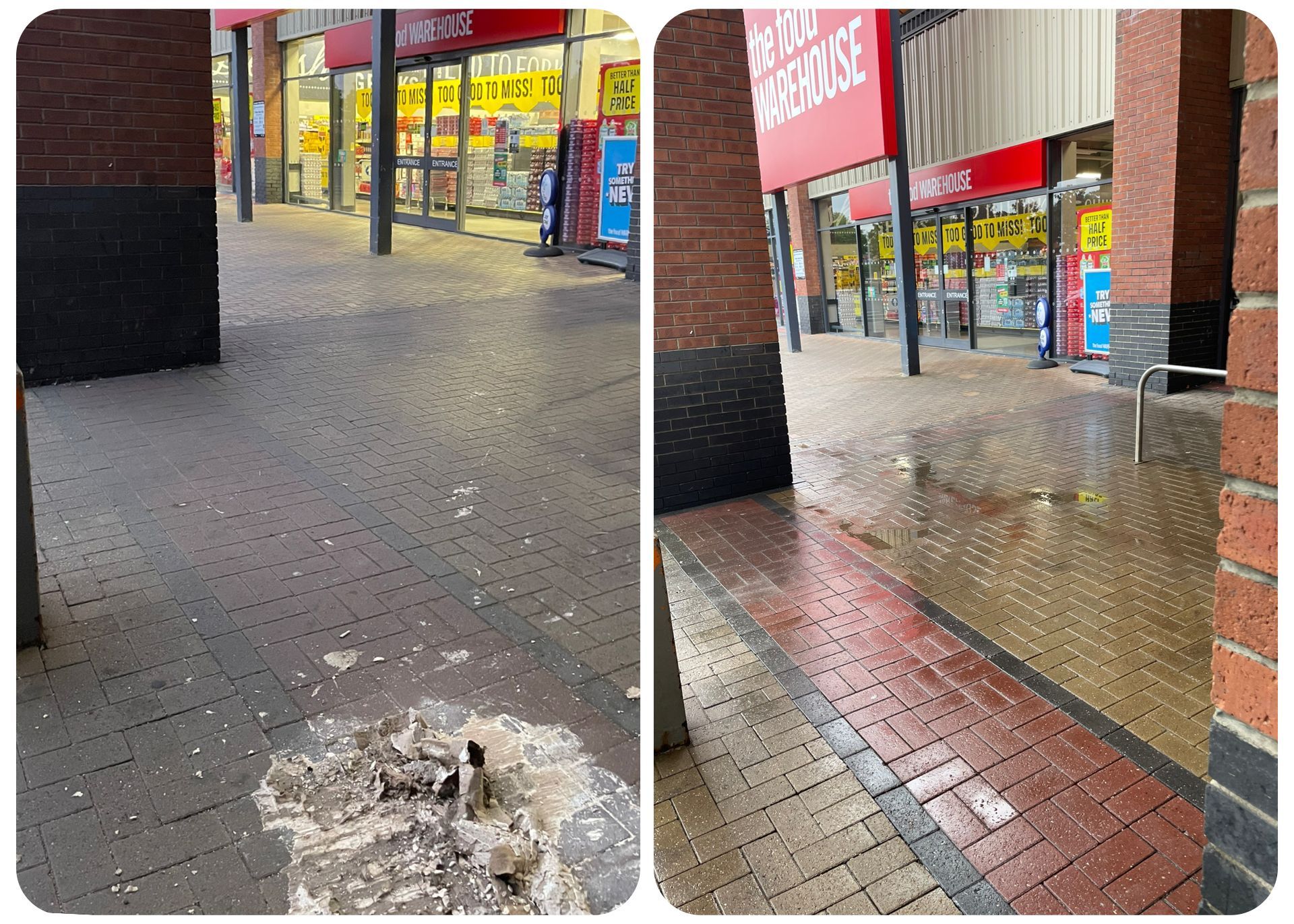 Before and after pictures of a paint spillage clean up on a retail park in Leeds, LS11