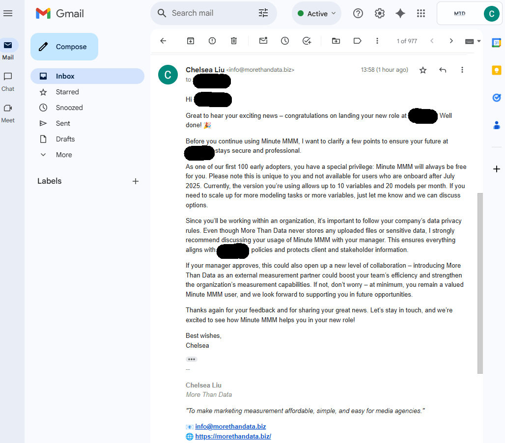 More Than Data congratulates student on new Ads Measurement Specialist role and advises caution using Minute MMM at a company More Than Data congratulates student on new Ads Measurement Specialist role and advises caution using Minute MMM at a company