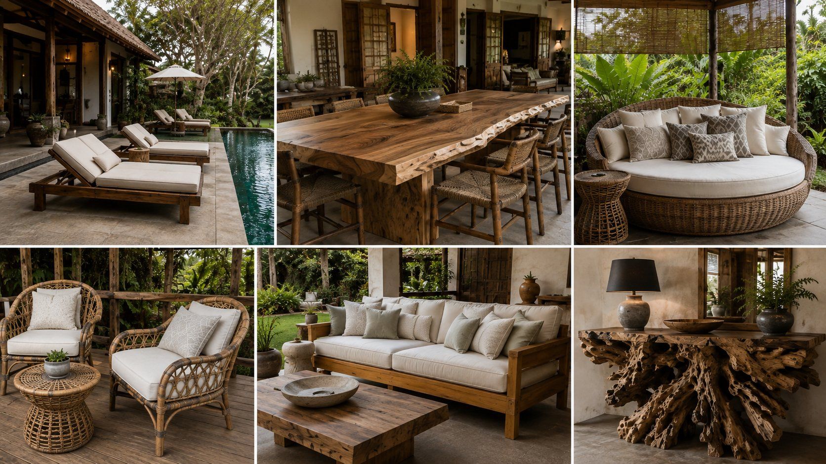 Six-panel collage of Bali villa and hospitality furniture: poolside teak loungers, a live-edge suar dining table with woven chairs, a round rattan daybed under a pergola, rattan lounge chairs on a deck, an upholstered sofa with a reclaimed-wood coffee table, and a root-base console table. Six-panel collage of Bali villa and hospitality furniture: poolside teak loungers, a live-edge suar dining table with woven chairs, a round rattan daybed under a pergola, rattan lounge chairs on a deck, an upholstered sofa with a reclaimed-wood coffee table, and a root-base console table.