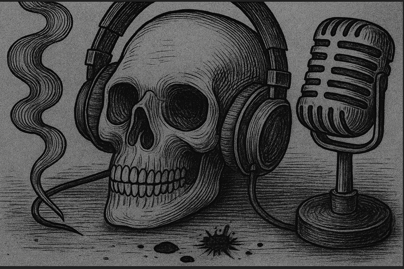 Black-and-white ink illustration of a human skull wearing headphones beside a vintage microphone. Smoke curls beside the skull, all drawn in a gothic, hand-drawn style on textured paper.