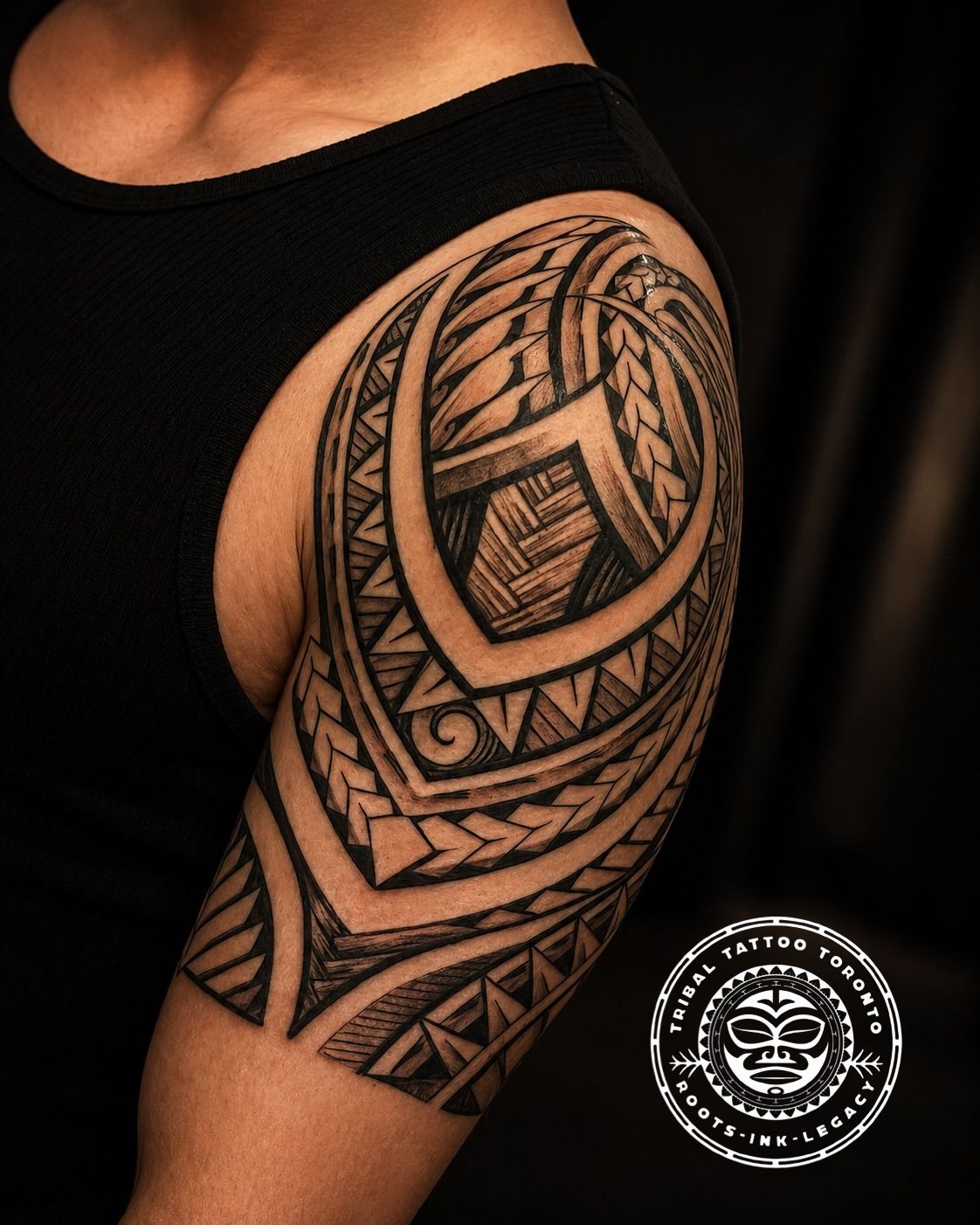 Freehand Polynesian tribal half sleeve shoulder tattoo by Tribal Tattoo Toronto