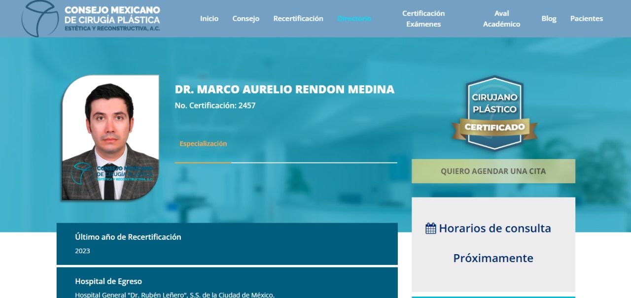 Fotografía del sitio web CMCPER de ¿cómo saber si un cirujano plástico está certificado en México? donde sale el Dr. Marco Aurelio.