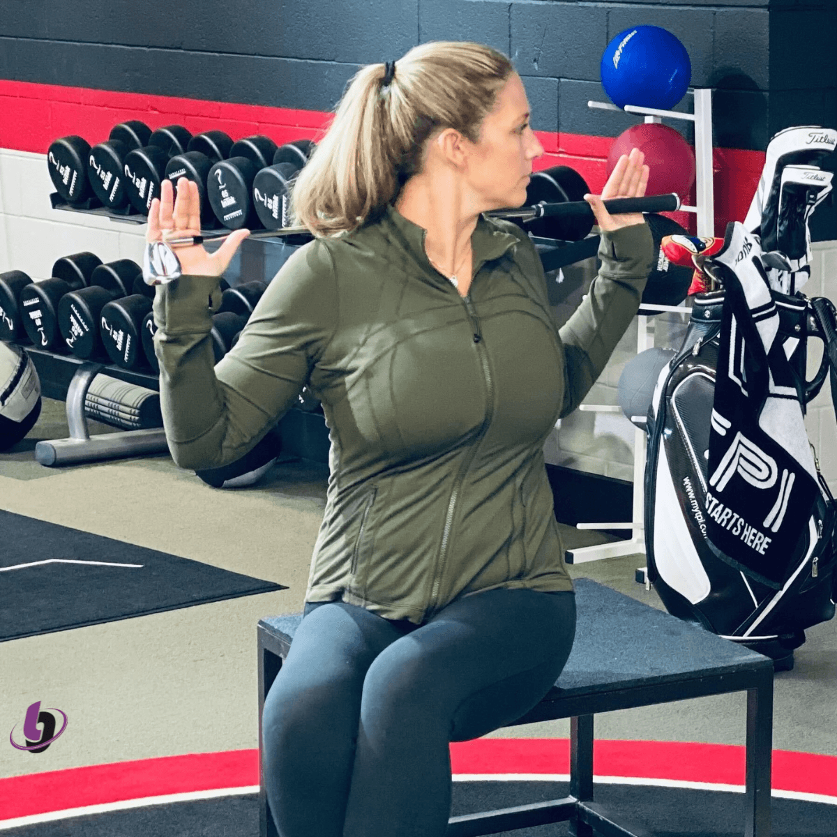 Seated thoracic rotation drill using a golf club to reinforce posture, trunk separation, and rotational control transferable to the golf swing.