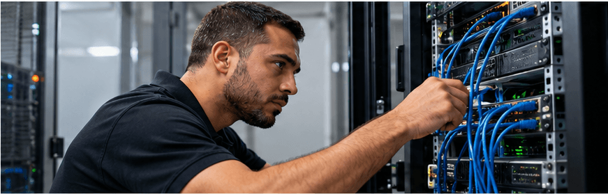IT technician inspecting network and server connections required for business system recovery. IT technician inspecting network and server connections required for business system recovery.