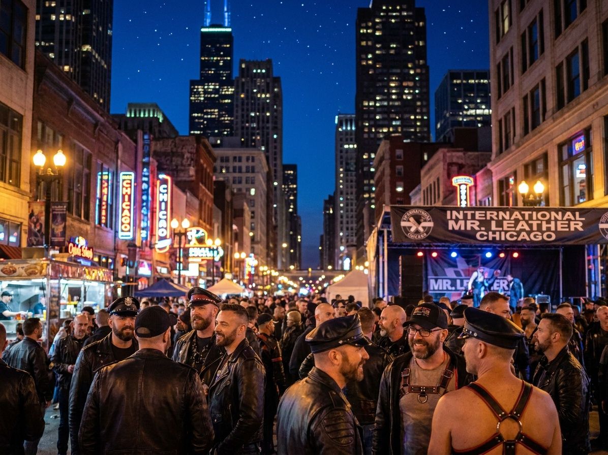 A large crowd of men in leather gather on a Chicago street at night beneath the International Mr. Leather Chicago banner with the city skyline lit up behind them A large crowd of men in leather gather on a Chicago street at night beneath the International Mr. Leather Chicago banner with the city skyline lit up behind them