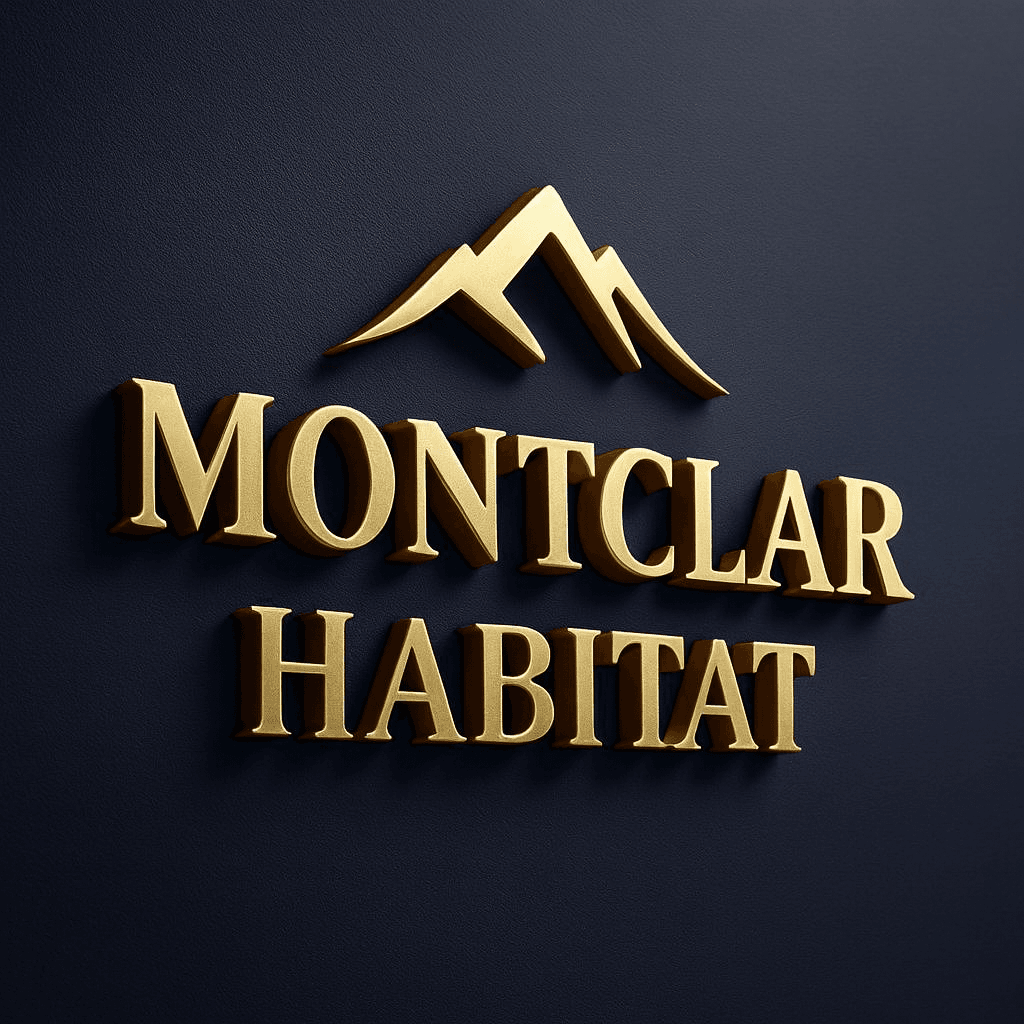 Montclar Habitat logo featuring gold embossed text and a stylized mountain design on a dark background.