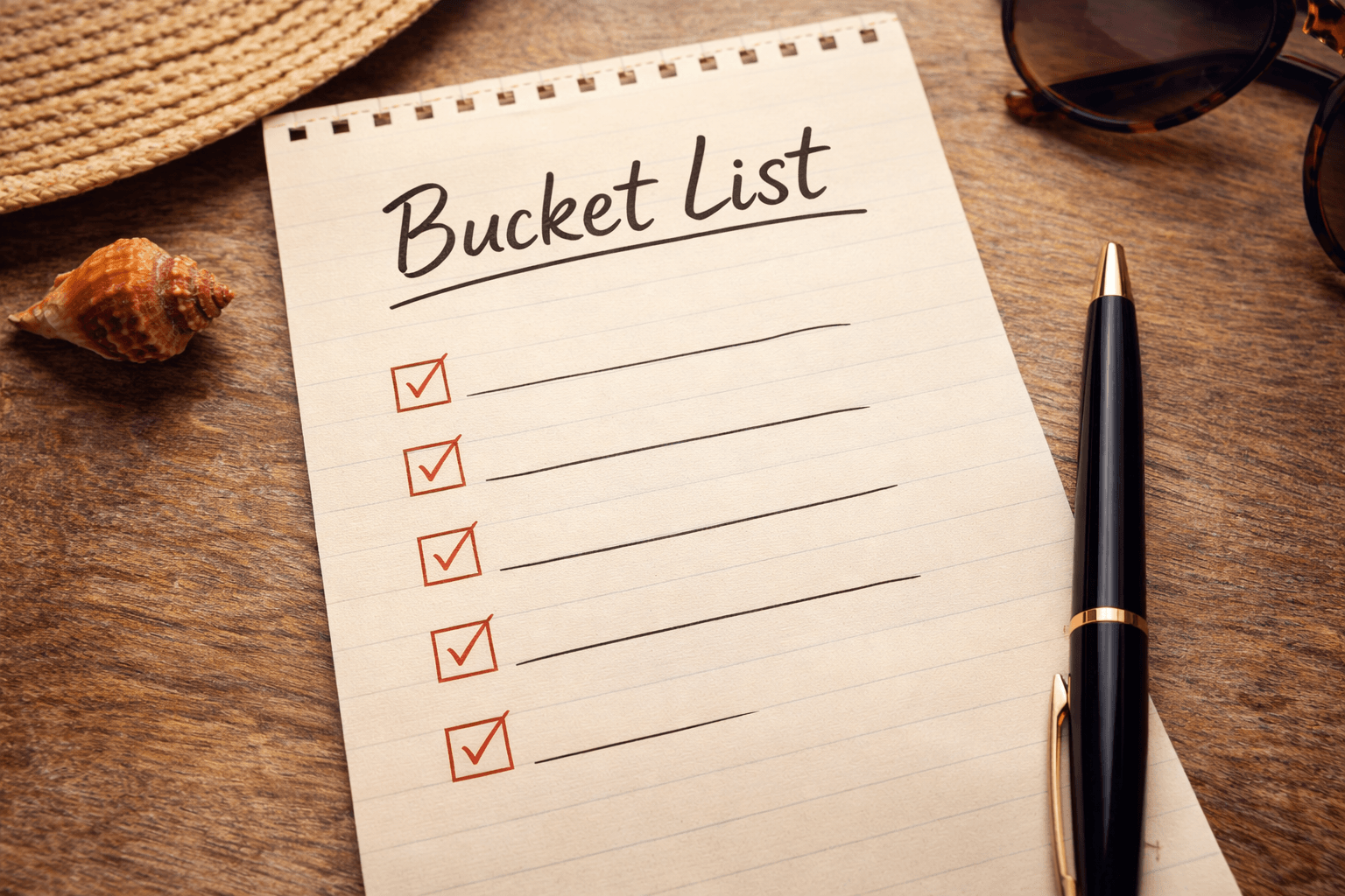 A handwritten bucket list on a notepad with checkmarks, placed on a wooden table with travel items like sunglasses, a pen, and a seashell nearby.