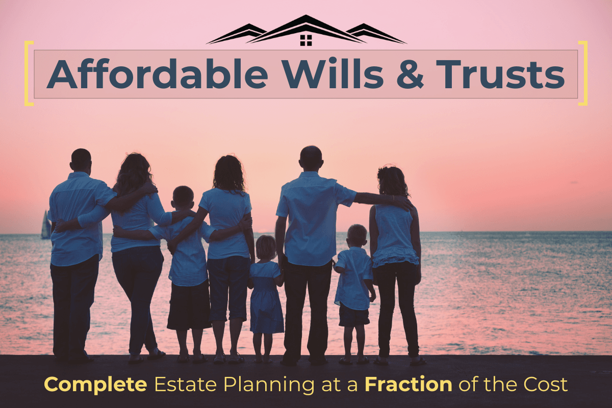 Family silhouetted against a sunset with text about affordable wills and trusts