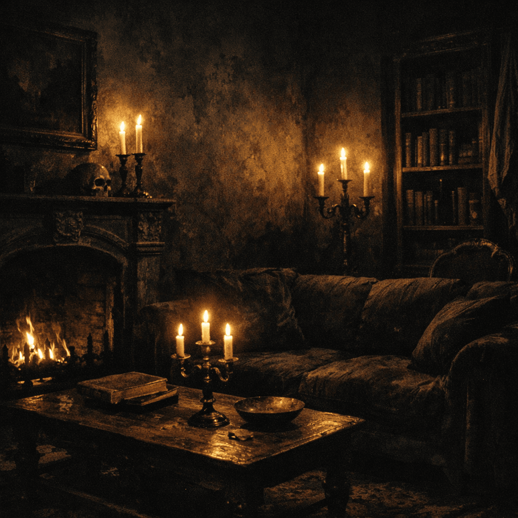matte charcoal walls in a dim gothic living room with candlelight and deep shadows