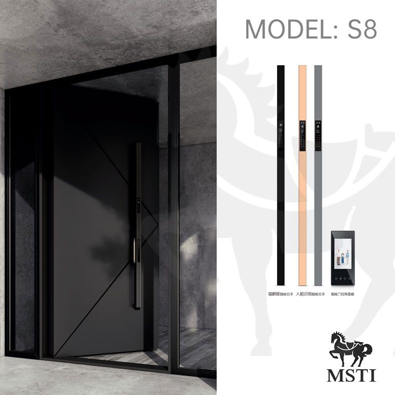 MSTI S8 smart pull handle lock installed on a modern aluminum entrance door, featuring a long handle structure, 3D facial recognition, multi-point motorized lock body, and minimalist luxury architectural design. MSTI S8 smart pull handle lock installed on a modern aluminum entrance door, featuring a long handle structure, 3D facial recognition, multi-point motorized lock body, and minimalist luxury architectural design.