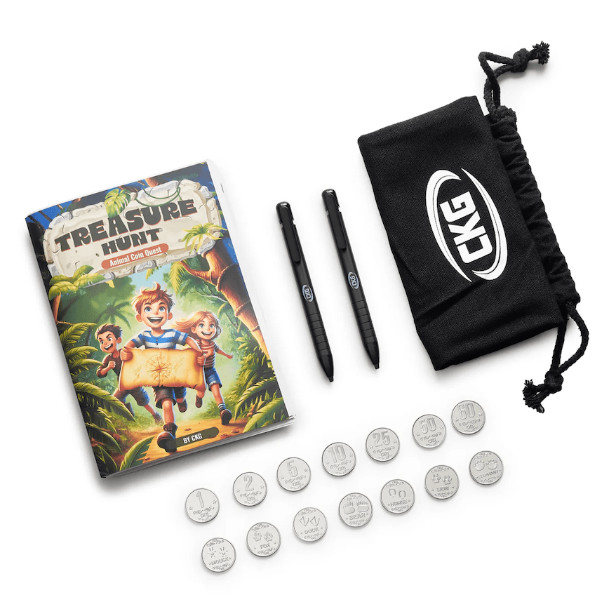 treasure hunt booklet and coins that comes with the CKG starter kit metal detector