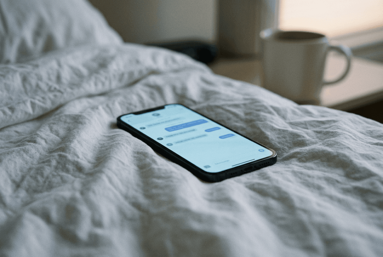 Glowing phone screen on bed showing message thread in early morning light
