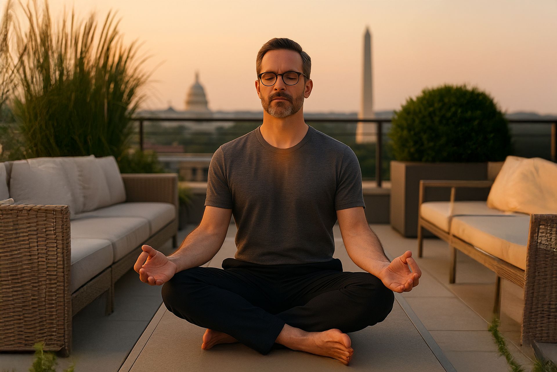 A stylish, middle-aged professional man practices Kundalini yoga in a seated meditation pose on a luxurious rooftop terrace in Washington, D.C., during golden hour. He sits cross-legged with hands in Gyan mudra, eyes closed, radiating calm and clarity. The elegant outdoor space features modern furniture and greenery, with the Washington Monument and U.S. Capitol softly visible in the distance. This serene wellness scene captures the fusion of mindful living, premium home design, and holistic health in the heart of the nation's capital.