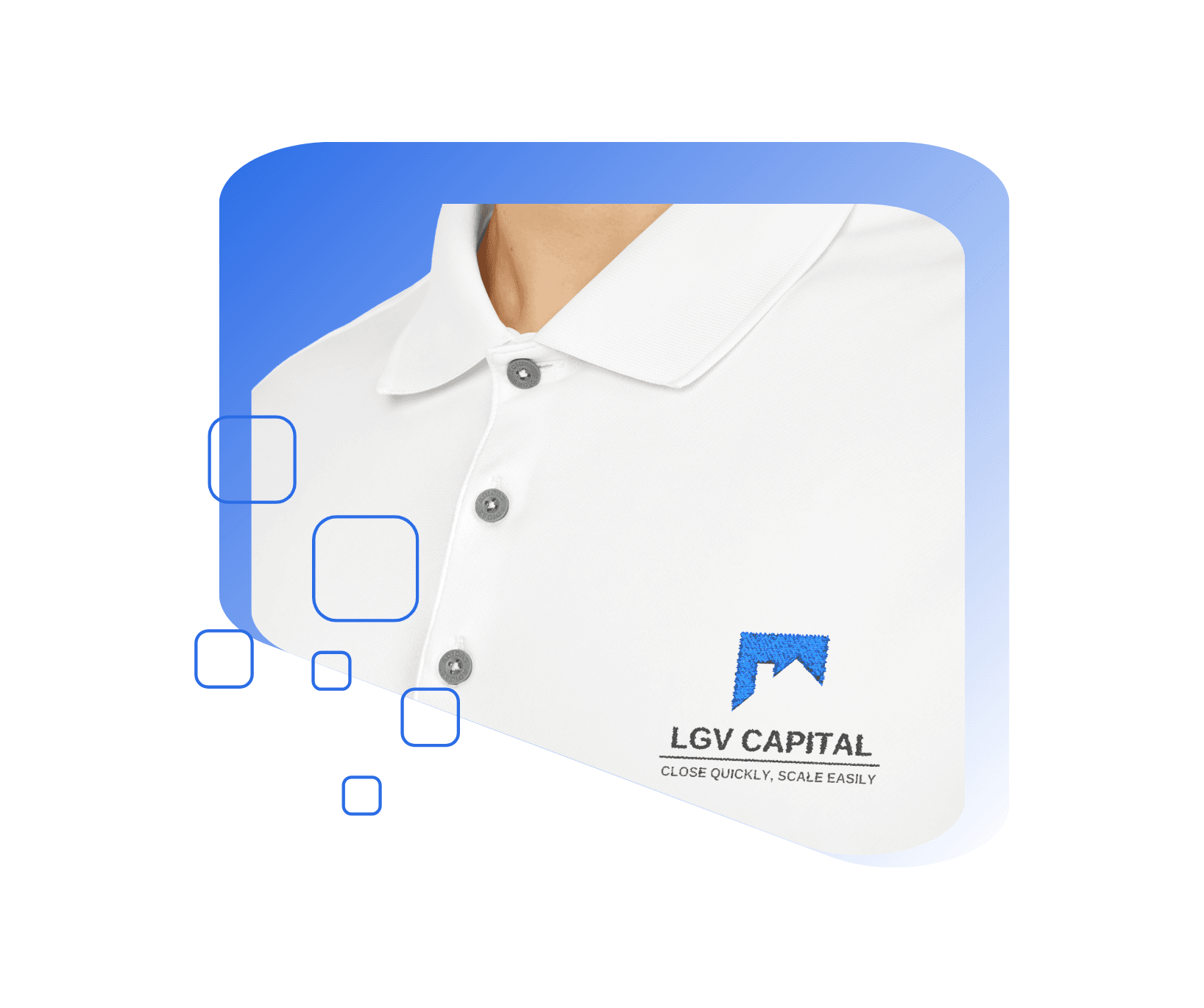 White collared shirt with LGV Capital logo and slogan, featuring geometric blue shapes.