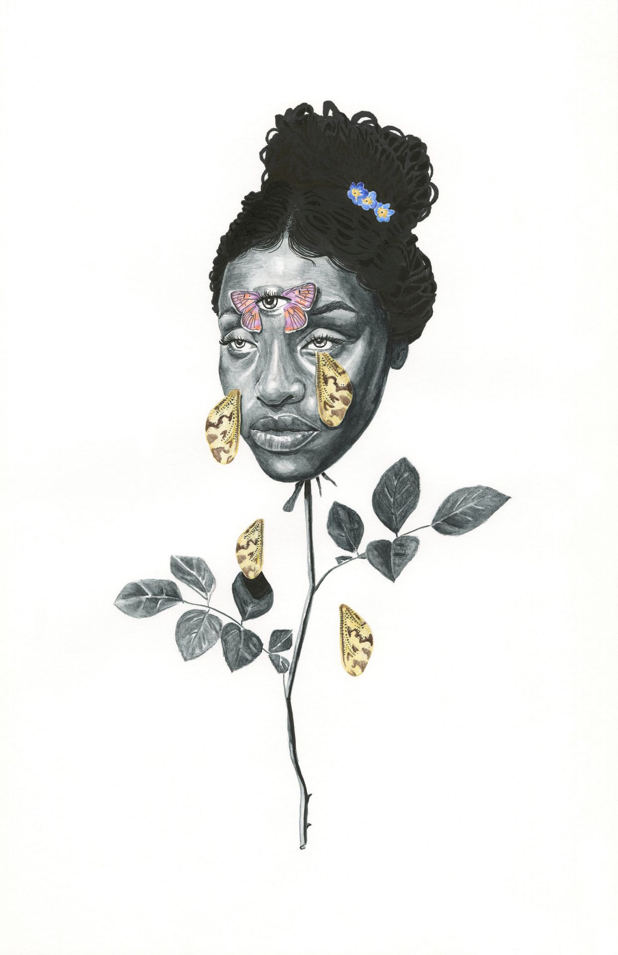 Watercolor and mixed media flowerfly figure by Jane the Stranger — dark-skinned female head as flower, moth wing earrings falling along thorny stem, small blue forget-me-nots in hair